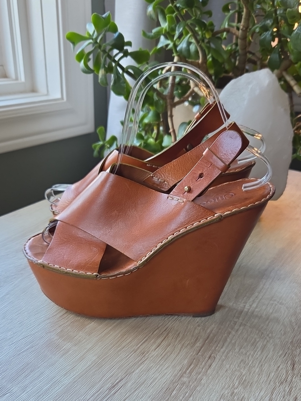 Chloe Tan Leather Platform Wedge Slingback Sandals